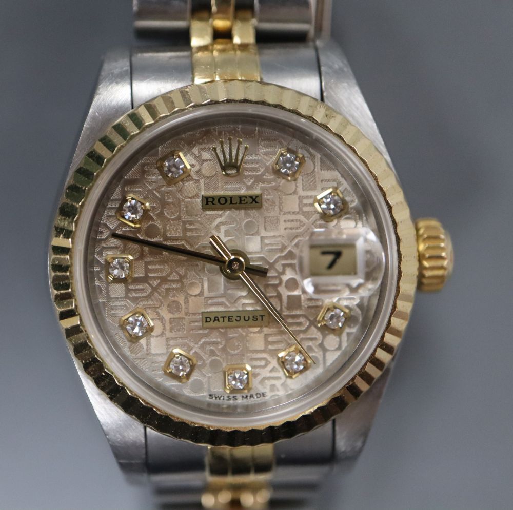 A ladys steel and yellow metal Rolex Datejust wrist watch with diamond set after market? dial, with box and certificate.